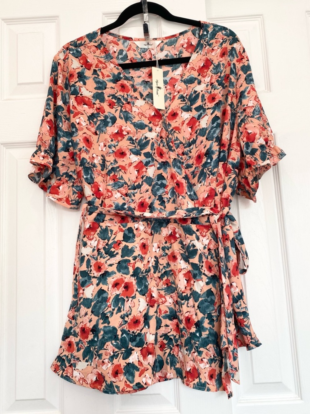 Plus Size Wrap Belted Tops Floral V-neck Ruffle Short Sleeve Peplum Blouse, 3X - Picture 7 of 15